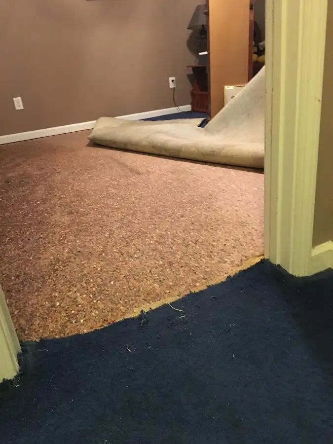 Carpet pad removal revealing water damage during Water Mitigation Services in Chadron